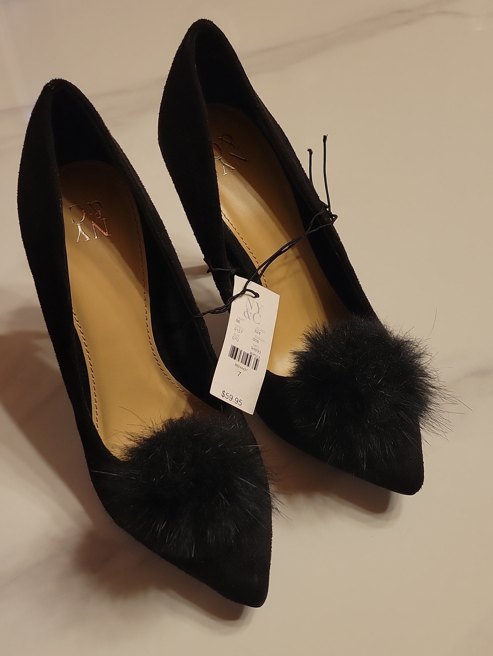 New York & Company Black Pointed Toe Pom-Pom Stilettos